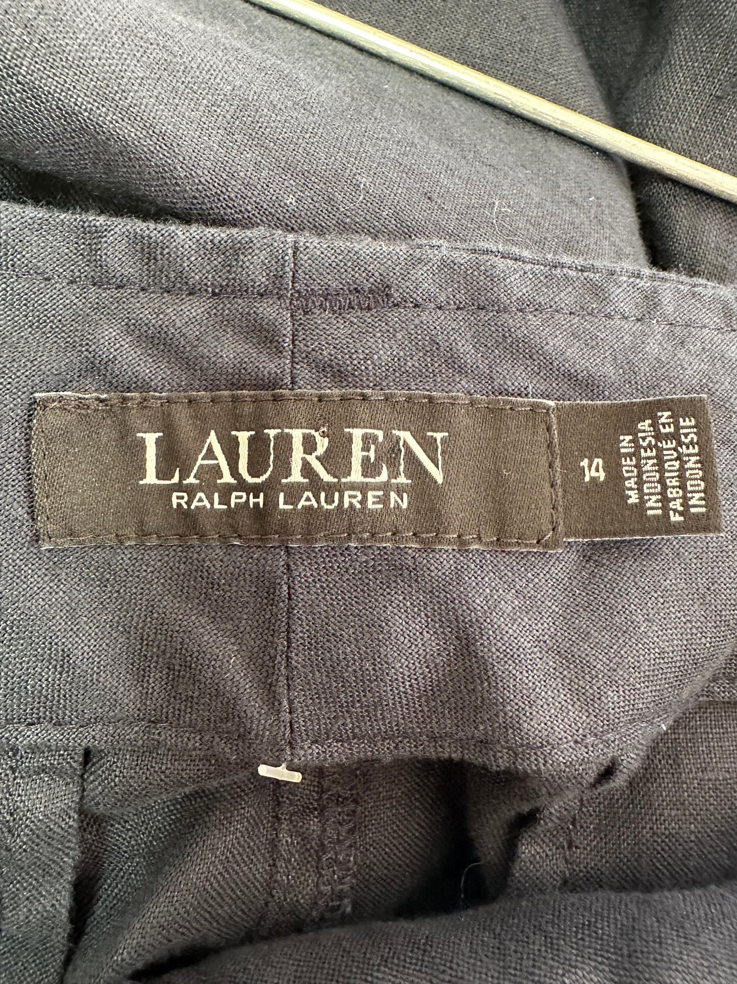 NWT - LAUREN RALPH LAUREN navy blue Linen Belted Seam Front Pants - 14