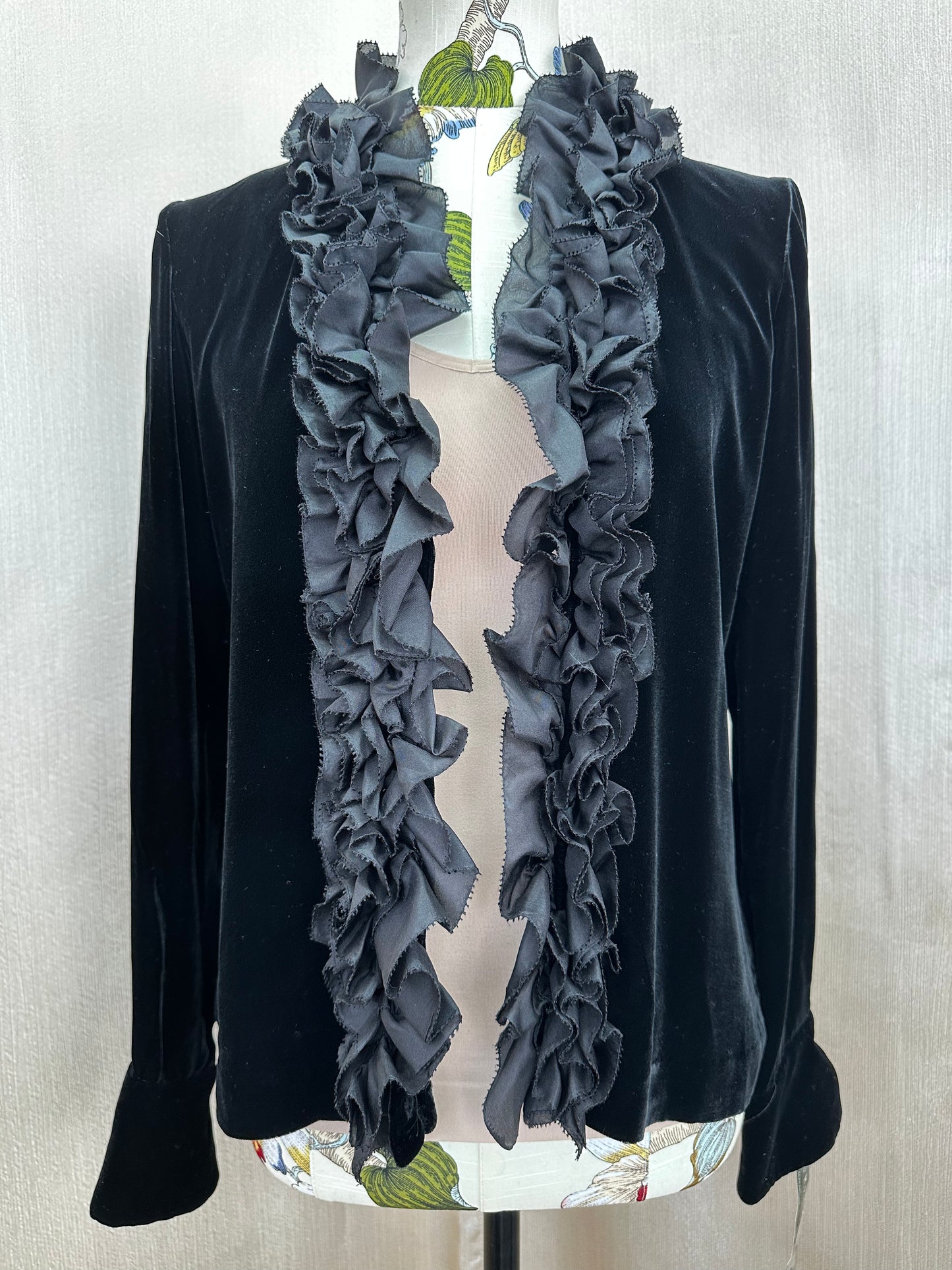 NWT - LAUREN RALPH LAUREN black Velvet Silk Ruffle Jacket Button Top - 6