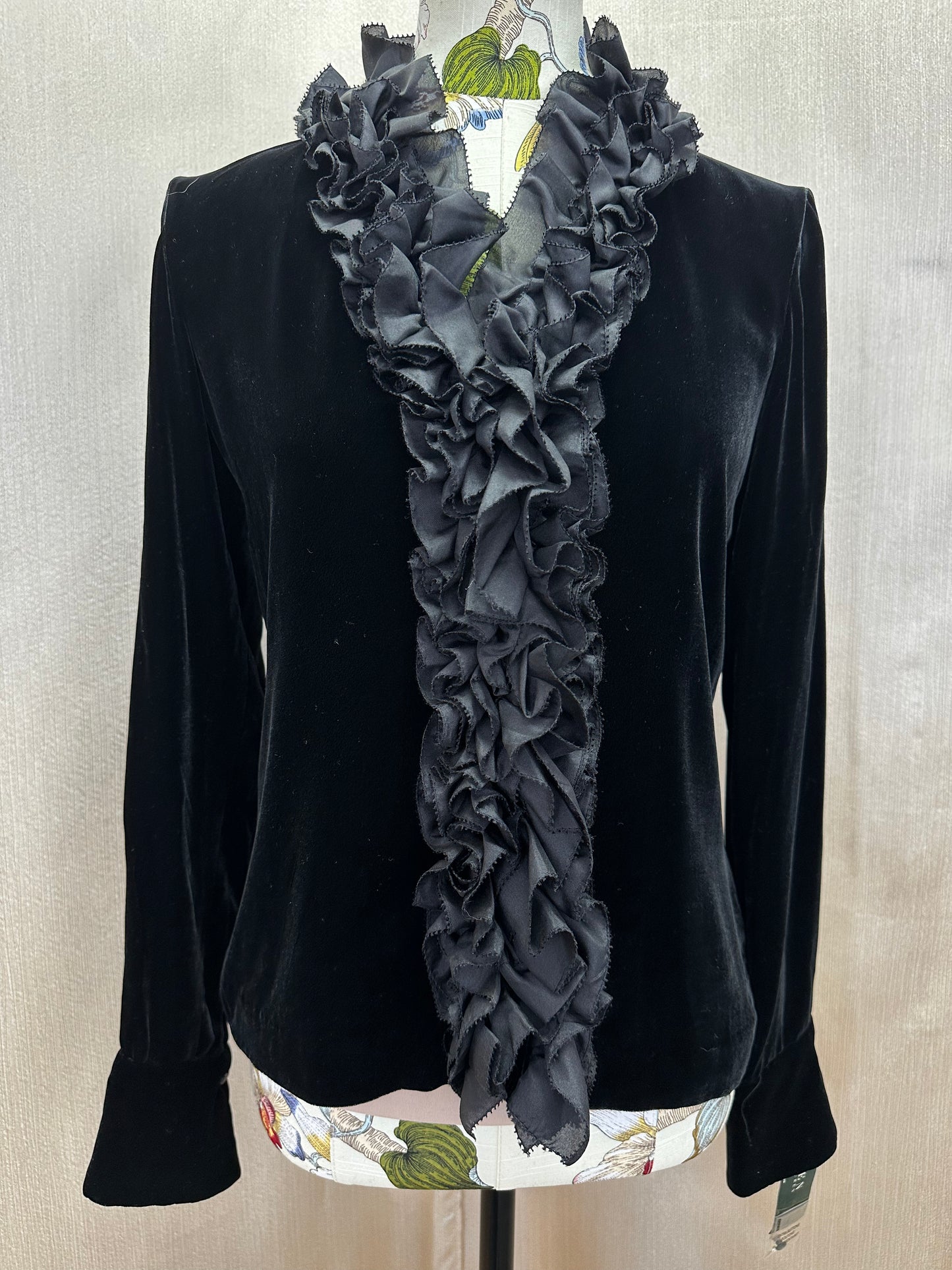 NWT - LAUREN RALPH LAUREN black Velvet Silk Ruffle Jacket Button Top - 6