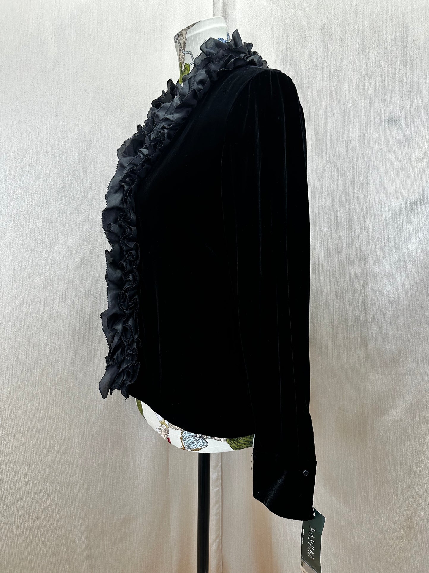 NWT - LAUREN RALPH LAUREN black Velvet Silk Ruffle Jacket Button Top - 6