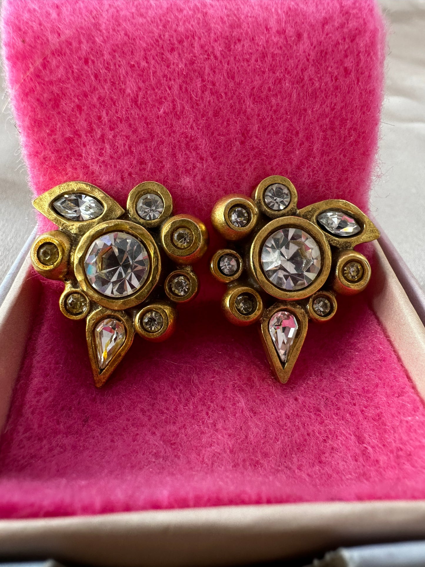 PATRICIA LOCKE Gold Tone Clear Rhinestone Crystal Clip Earrings - 1" x 3/4"