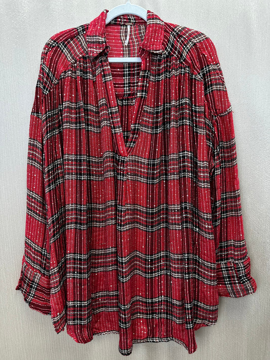 FREE PEOPLE red plaid Sequined Fearless Love Oversize Tunic Top - M