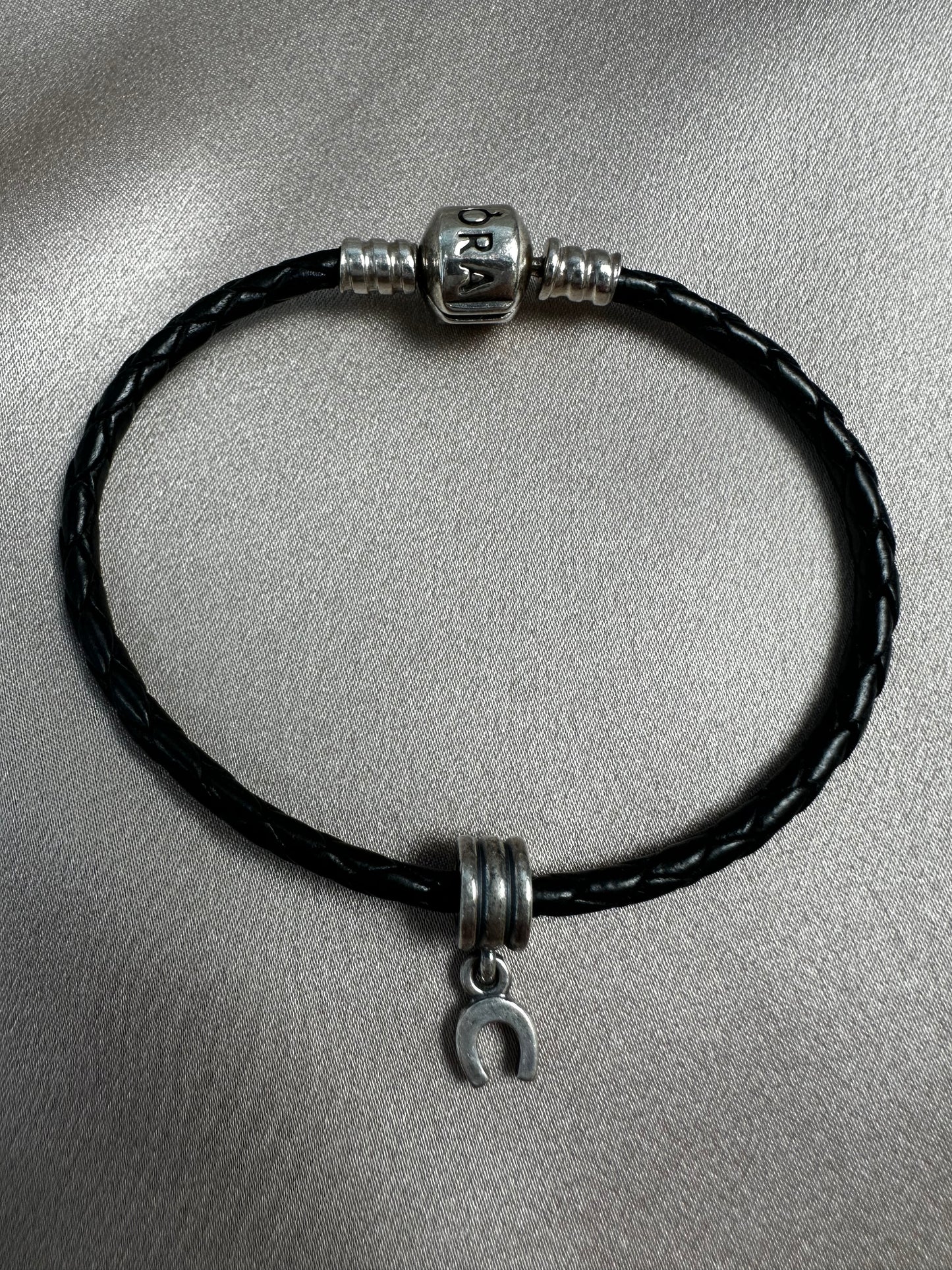 PANDORA Black Braided Leather 925 ALE Silver Clasp Horseshoe Charm Bracelet - 6.75"