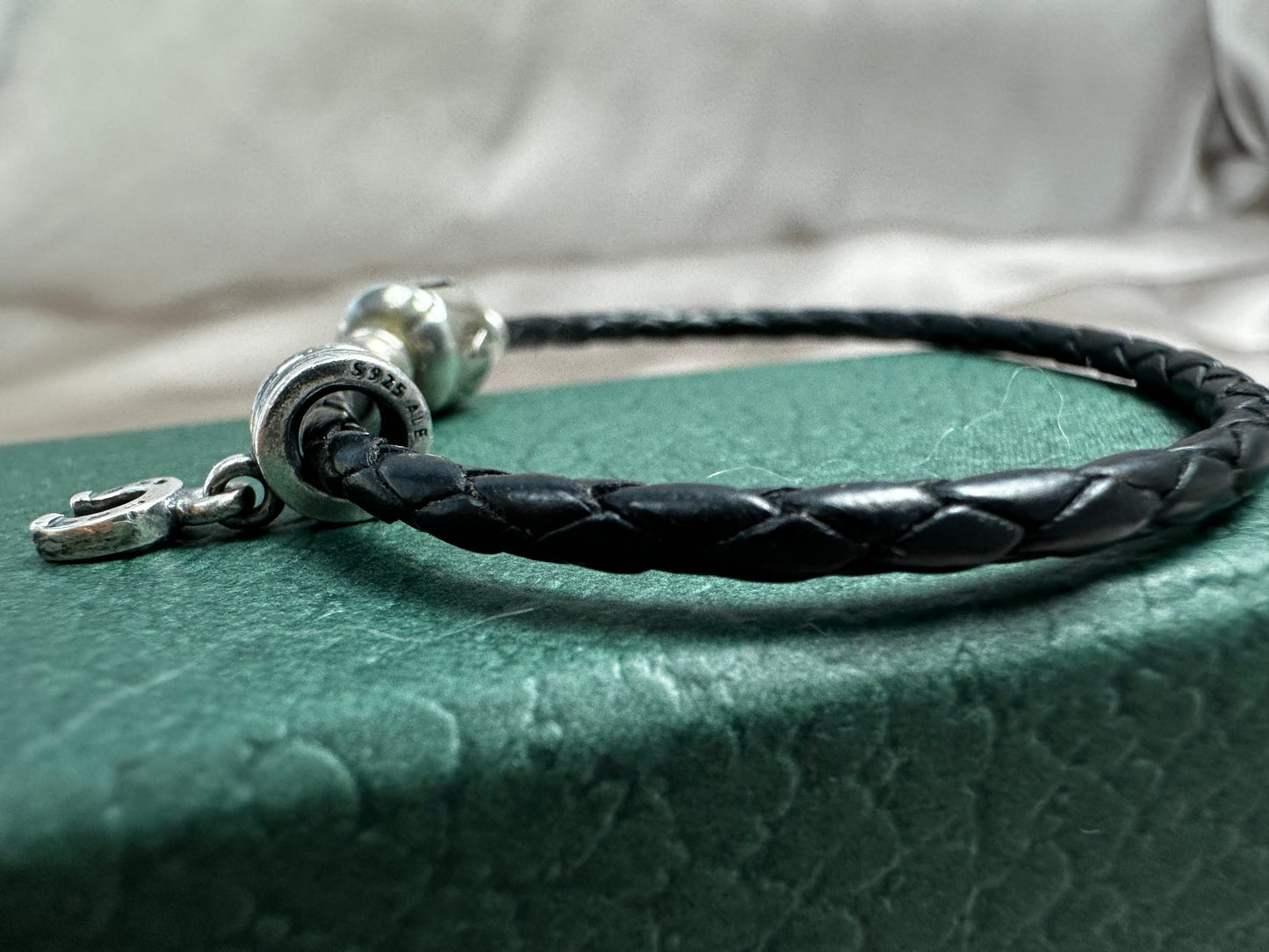 PANDORA Black Braided Leather 925 ALE Silver Clasp Horseshoe Charm Bracelet - 6.75"