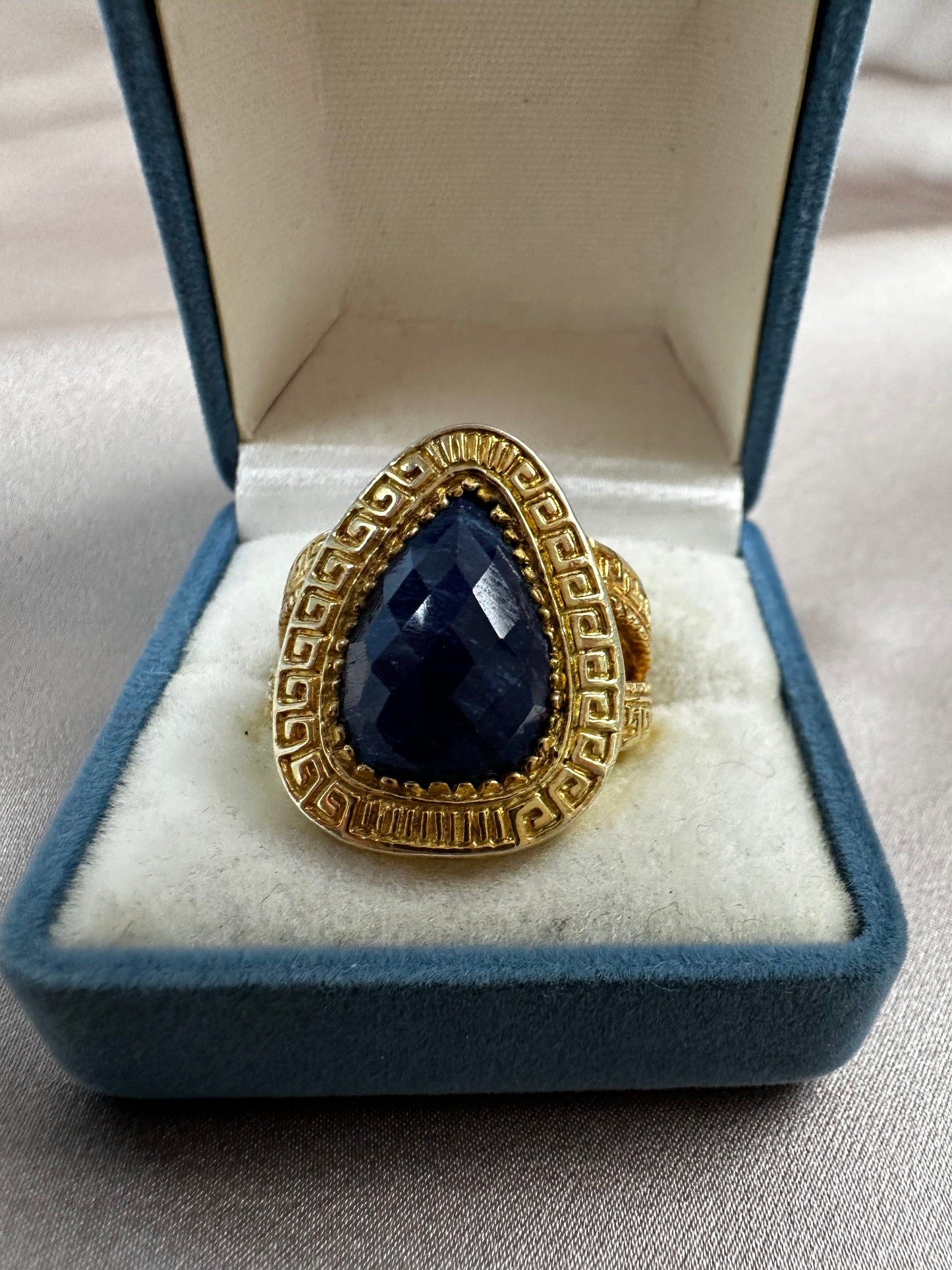 Gold Plate & Faceted Lapis Statement Ring - Size 10