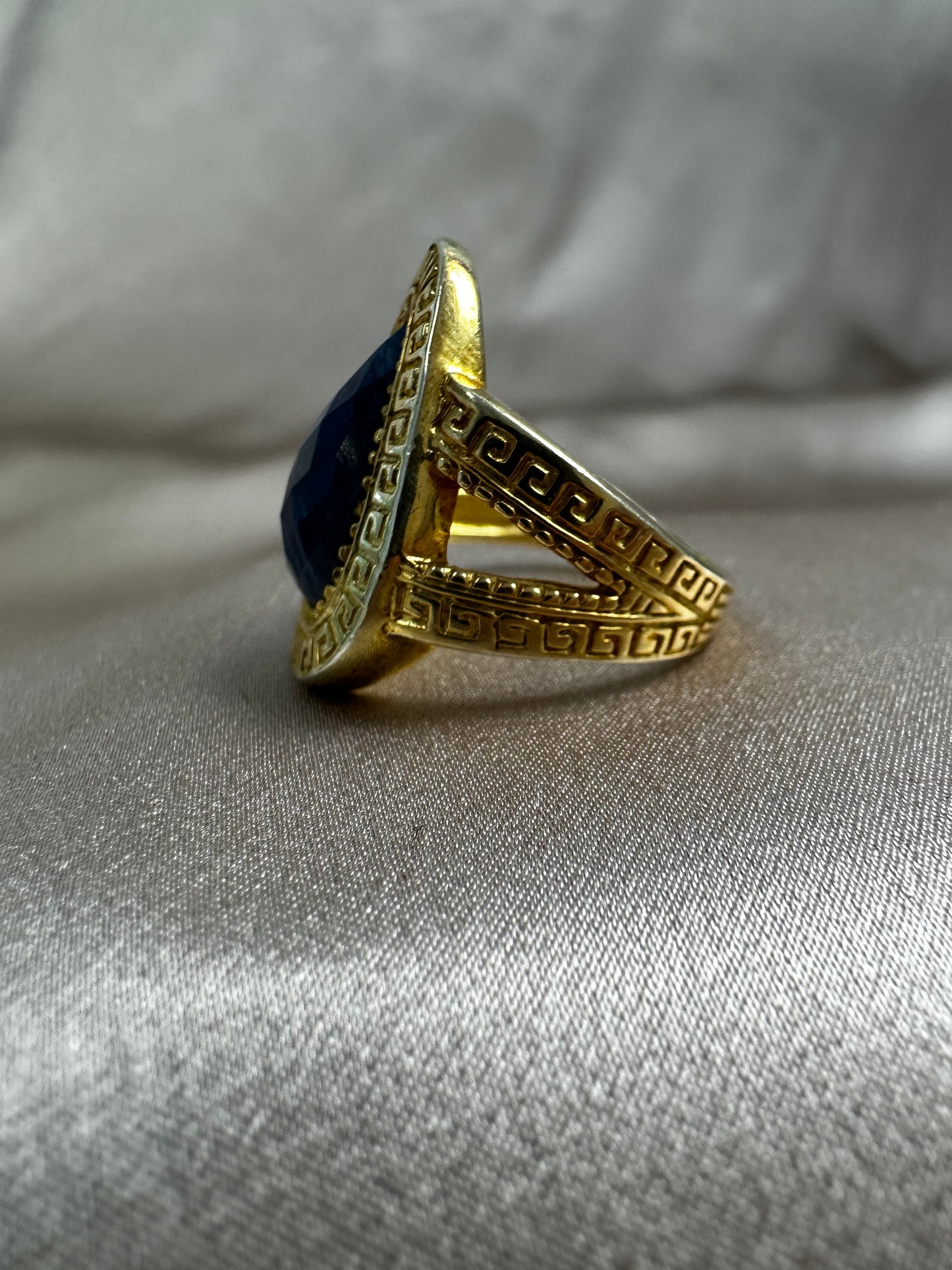 Gold Plate & Faceted Lapis Statement Ring - Size 10