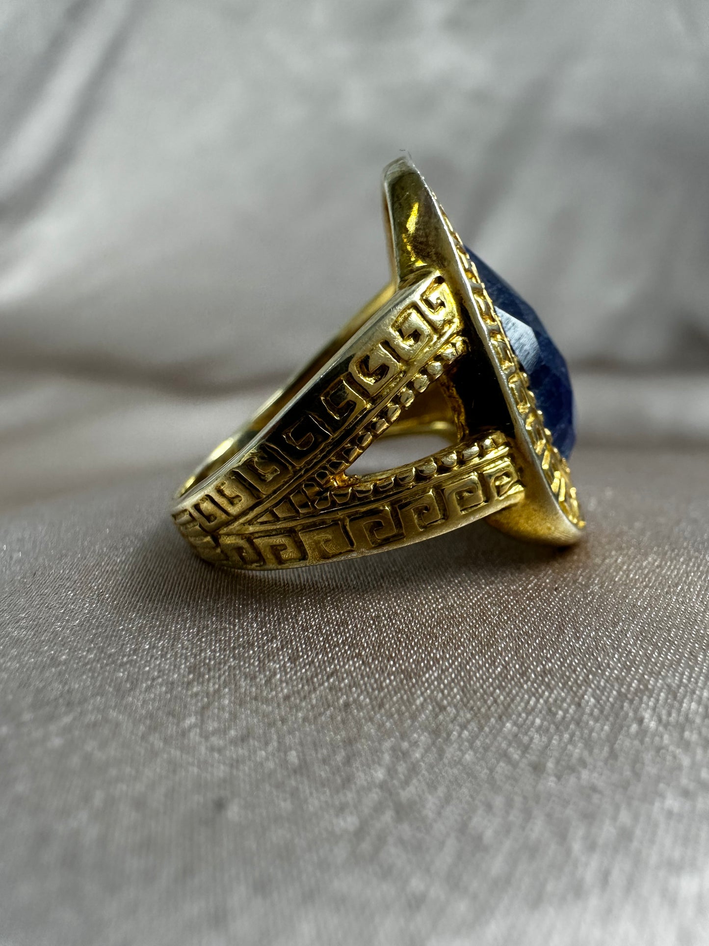 Gold Plate & Faceted Lapis Statement Ring - Size 10