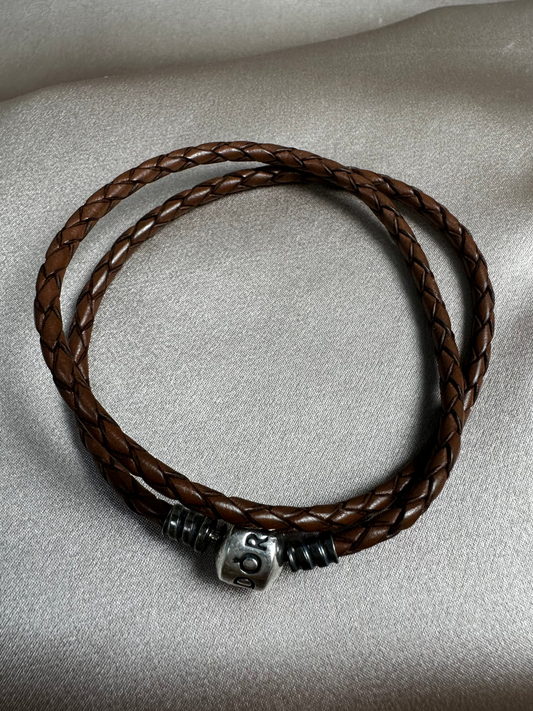 PANDORA Brown Double Braided Leather 925 ALE Silver Clasp Wrap Bracelet - 15"