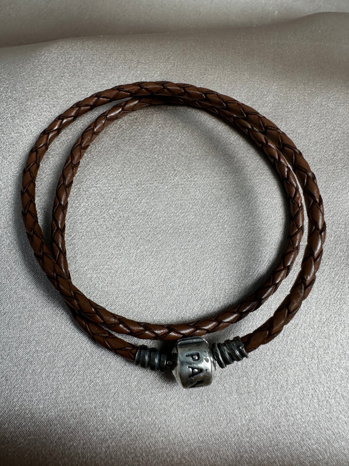 PANDORA Brown Double Braided Leather 925 ALE Silver Clasp Wrap Bracelet - 15"