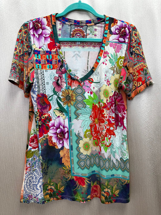 JOHNNY WAS Tropical Block Floral Bamboo Favorite SS V-Neck Tee Shirt - S