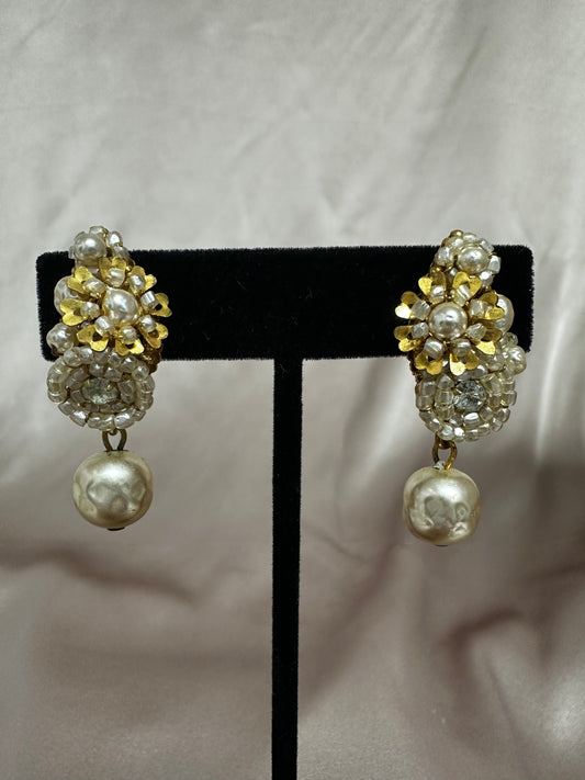 Vintage MIRIAM HASKELL Gold Tone Faux Pearl Crystal Flower Dangle Clip Earrings