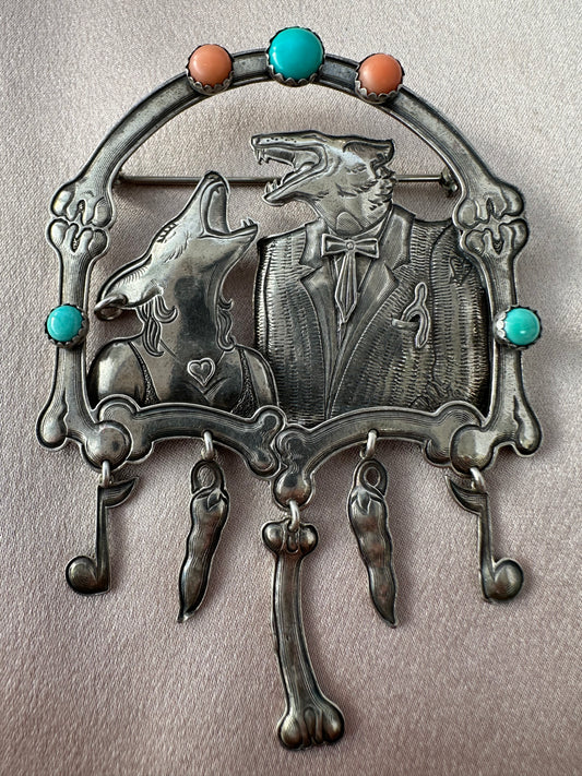 Vintage KIT CARSON 1989 Sterling Turquoise Coral Framed Wolf Couple Dangle Pin