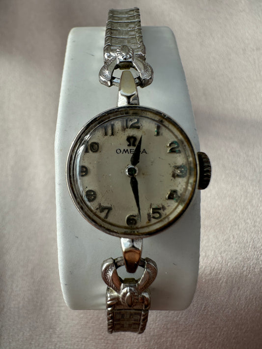 OMEGA Ladies 14k GF B & A White Gold Cocktail Windup Speidel Band Wrist Watch