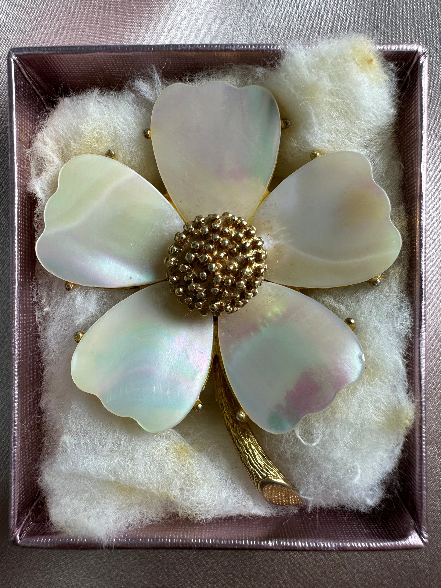 Vintage MANDLE Mother of Pearl Gold Tone Dogwood Flower Brooch - 2"