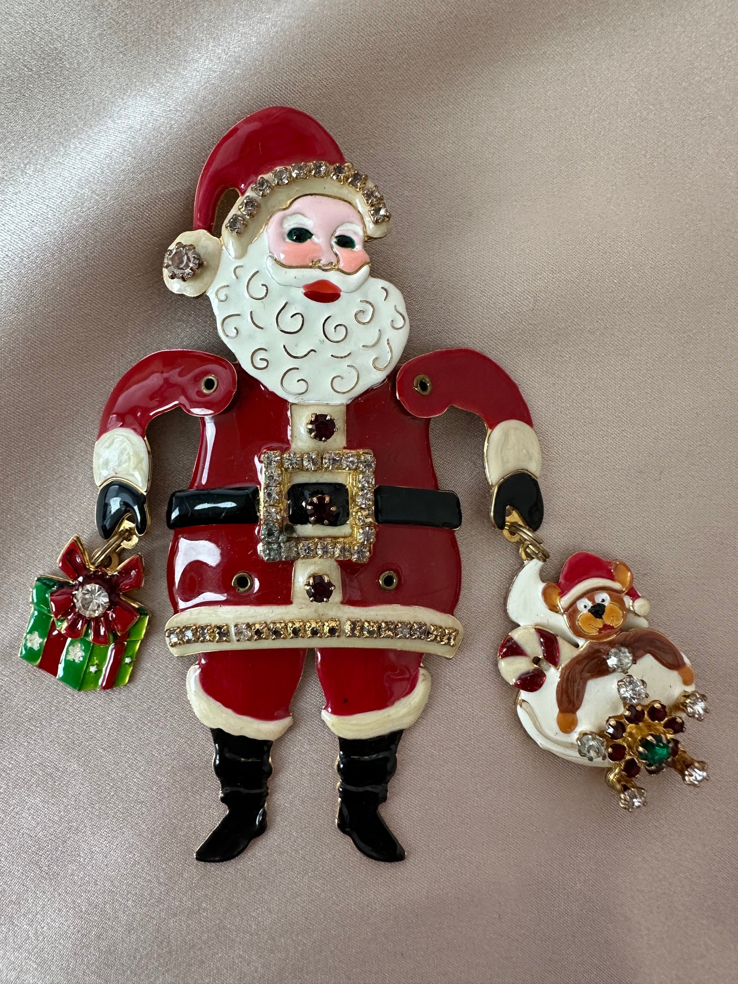 Vintage LUNCH AT THE RITZ LATR 2GO Enamel Articulated Santa Pendant Pin Brooch