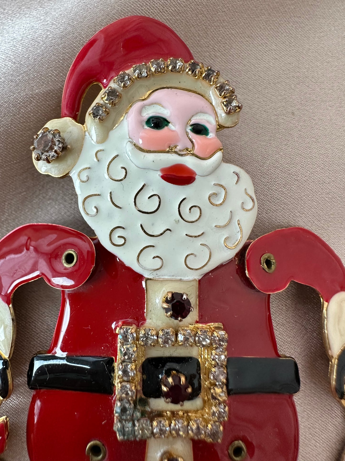 Vintage LUNCH AT THE RITZ LATR 2GO Enamel Articulated Santa Pendant Pin Brooch