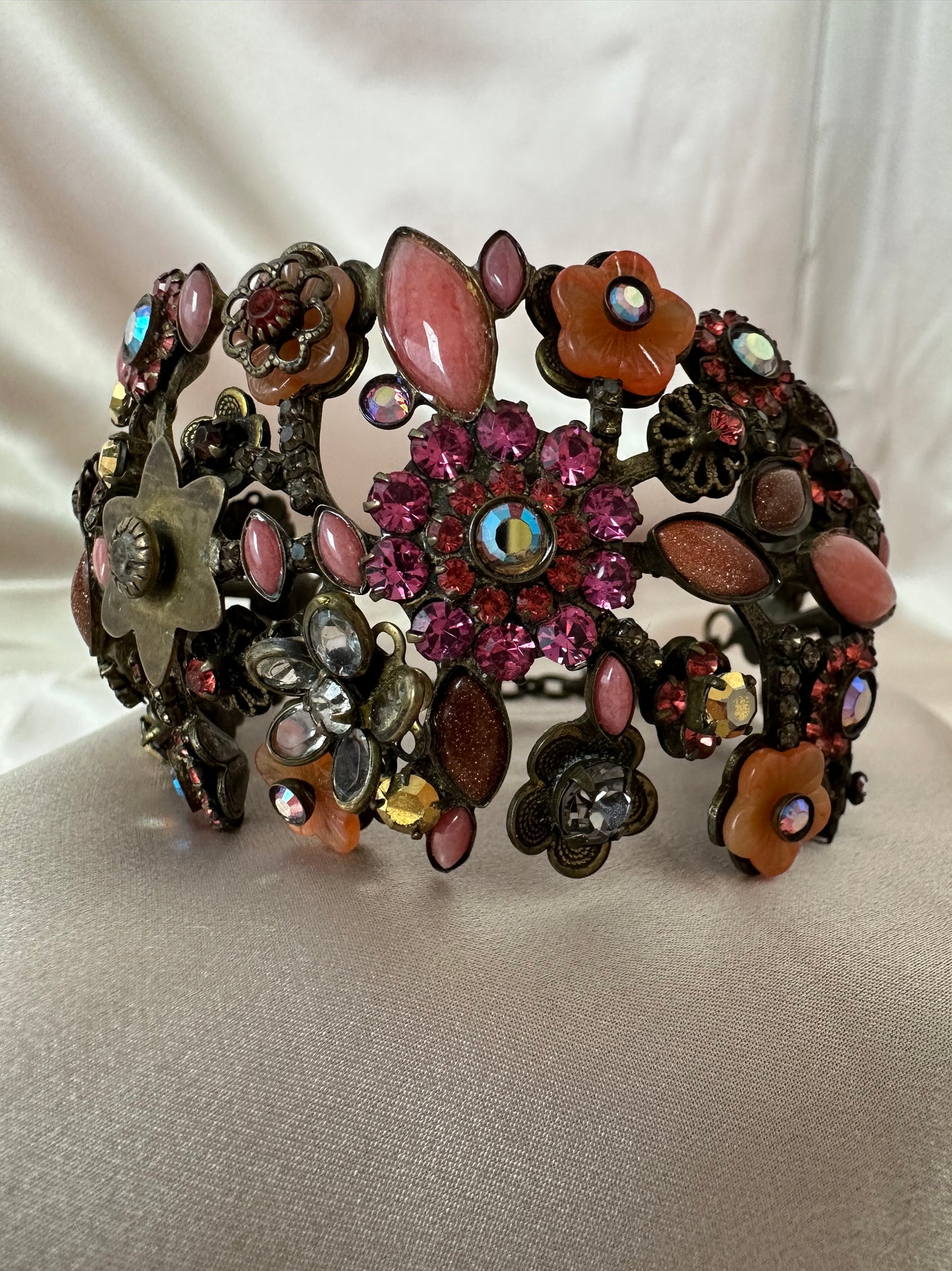 Vintage SORRELLI pink orange Floral Flower Crystal Beads Large Cuff Bracelet