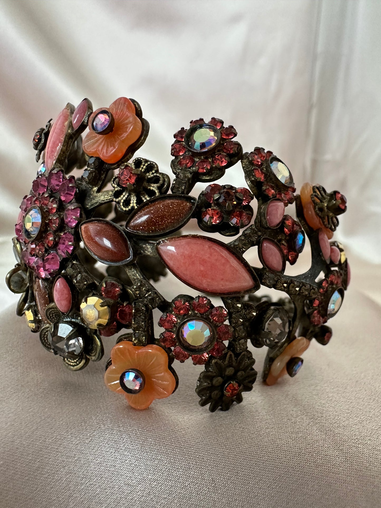 Vintage SORRELLI pink orange Floral Flower Crystal Beads Large Cuff Bracelet