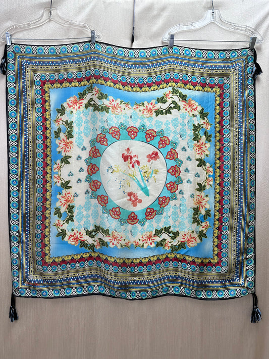 JOHNNY WAS blue yellow red Floral Silk Square Tassel Scarf - 42"