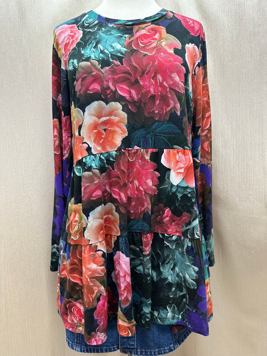 JOHNNY WAS black multicolor Rayon Floral Long Sleeve Studio Tiered Tunic Top - M