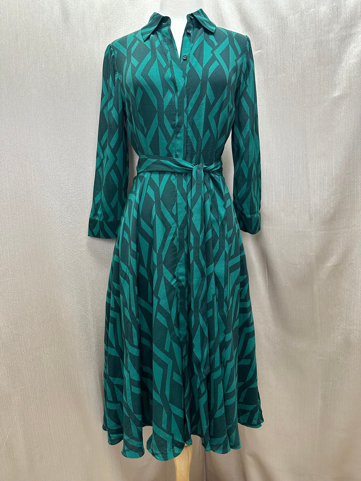 NWT - HOBBS green Viscose 3/4 Sleeve Button Up Belted Lainey Dress - US 4