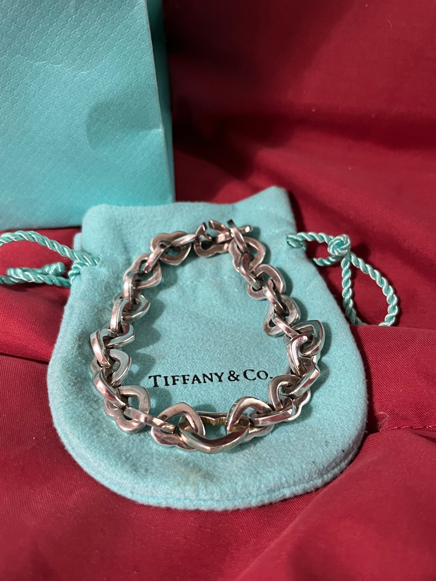 Vintage (2000) and Retired Tiffany & Co Sterling Silver Heart Link Bracelet-With Pouch