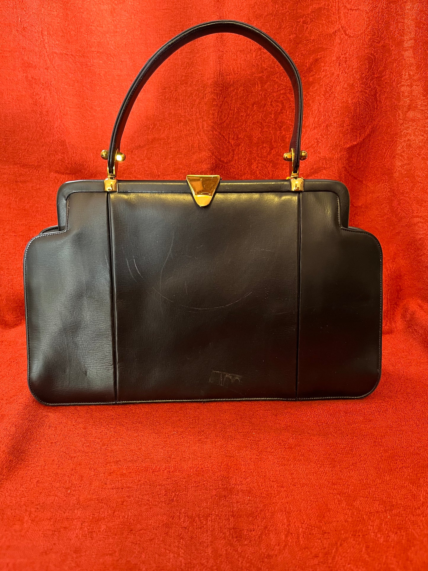 Vintage Navy Blue Leather and Brass DeMarly Handbag