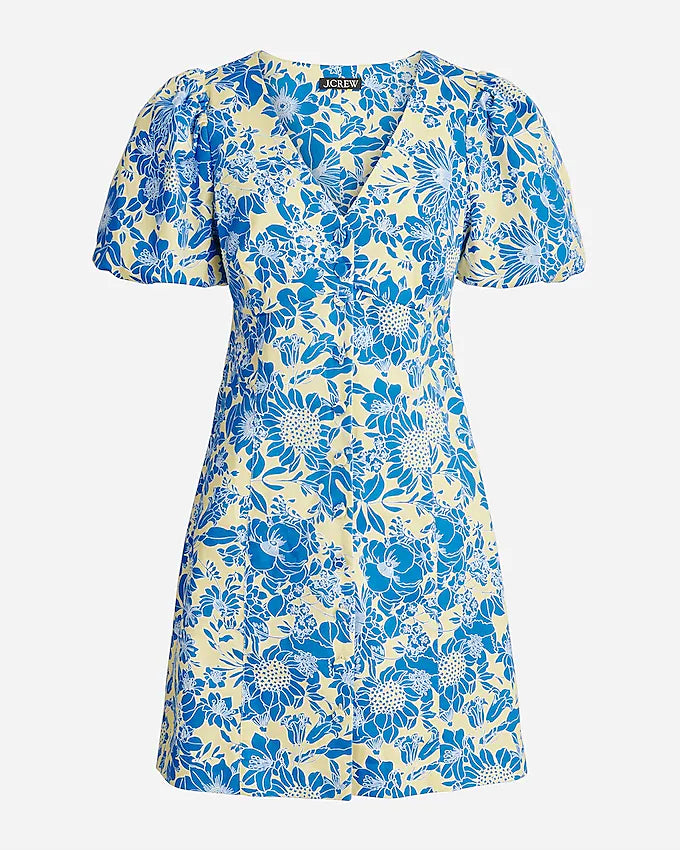 NWT - J CREW blue floral Twill Button-Front Puff-Sleeve Mini Dress - 14