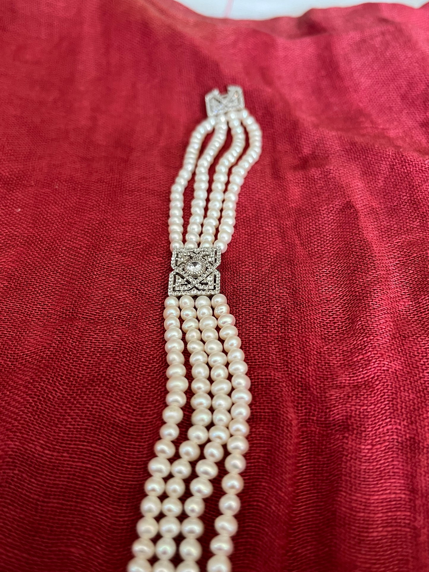 Four Strand Genuine Pearl, CZ, and Sterling Bracelet