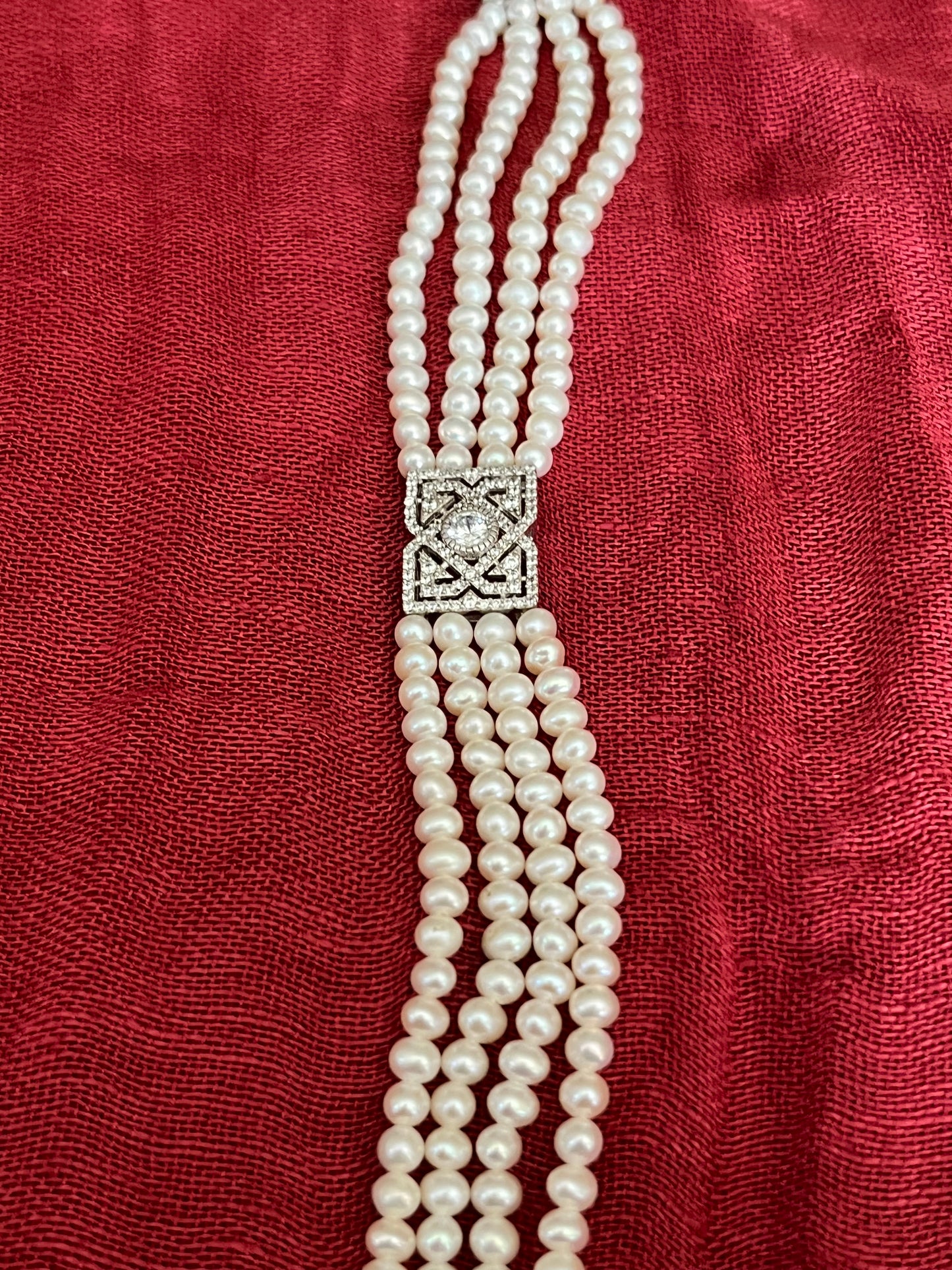 Four Strand Genuine Pearl, CZ, and Sterling Bracelet