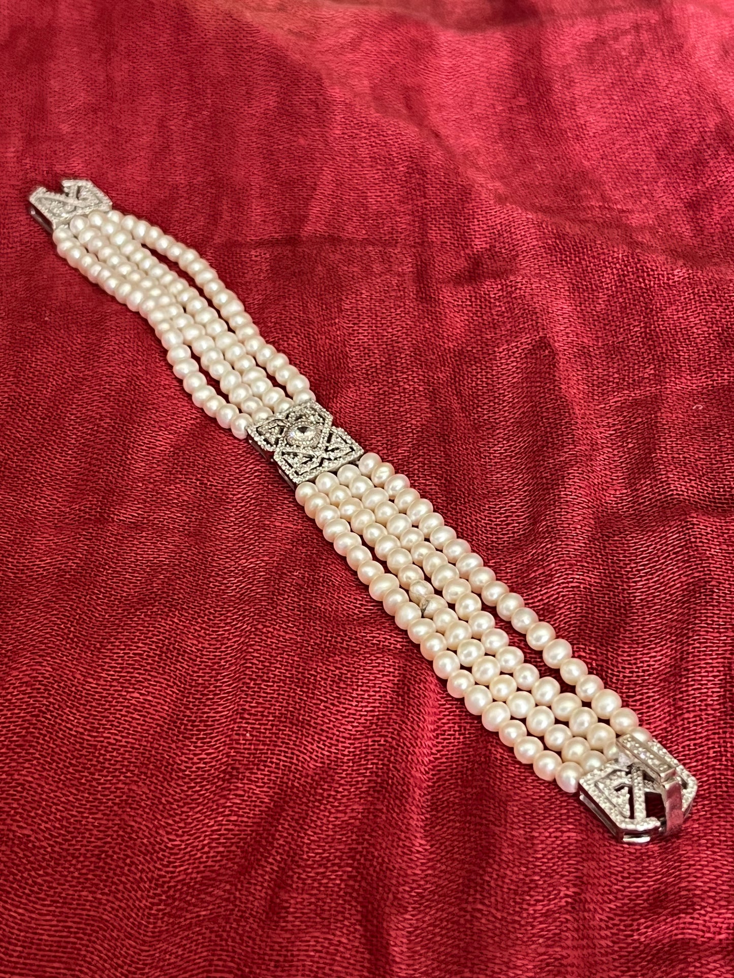 Four Strand Genuine Pearl, CZ, and Sterling Bracelet