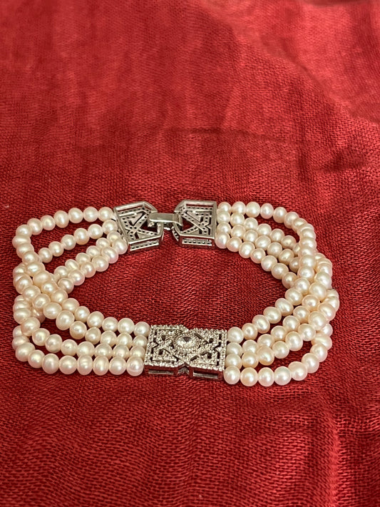 Four Strand Genuine Pearl, CZ, and Sterling Bracelet