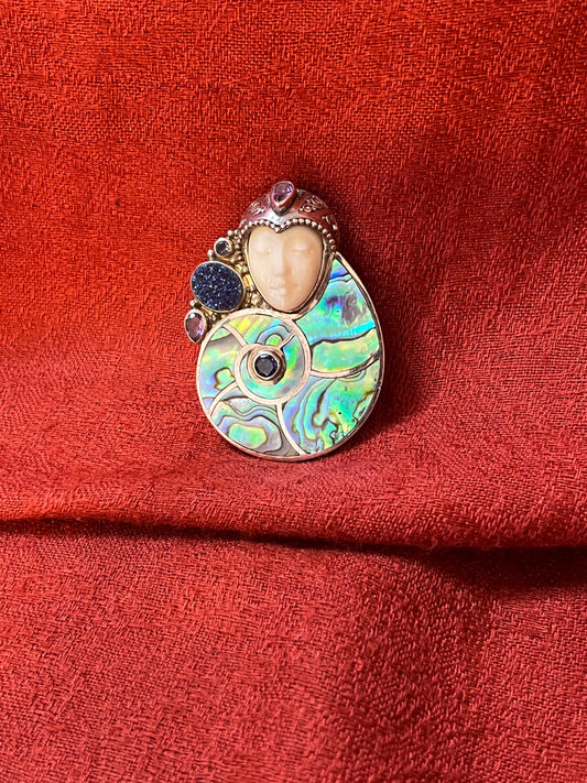 Sajen Sterling, Abalone, and Gemstone Goddess Face Brooch/Pendant