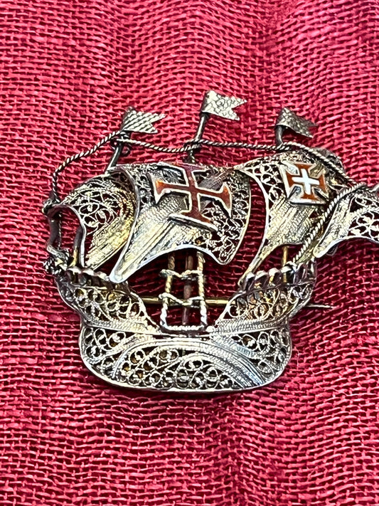 Vintage Sterling Filigree and Enamel Portuguese 3 Mast Galleon Ship Brooch