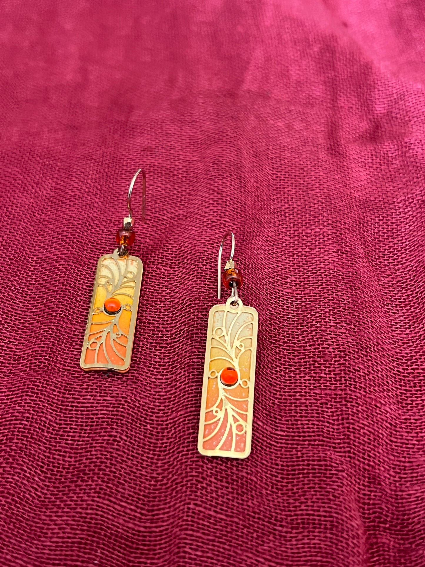 Gold Tone Earrings with Orange and Brown Accents