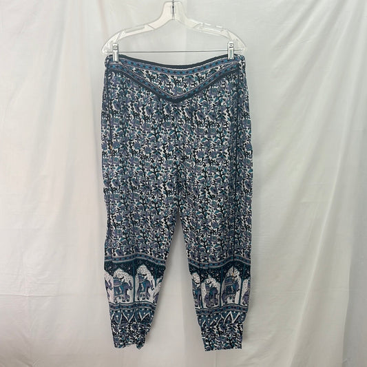 Blue and Gray Arabesque Elephant Print Harem Pants -- L