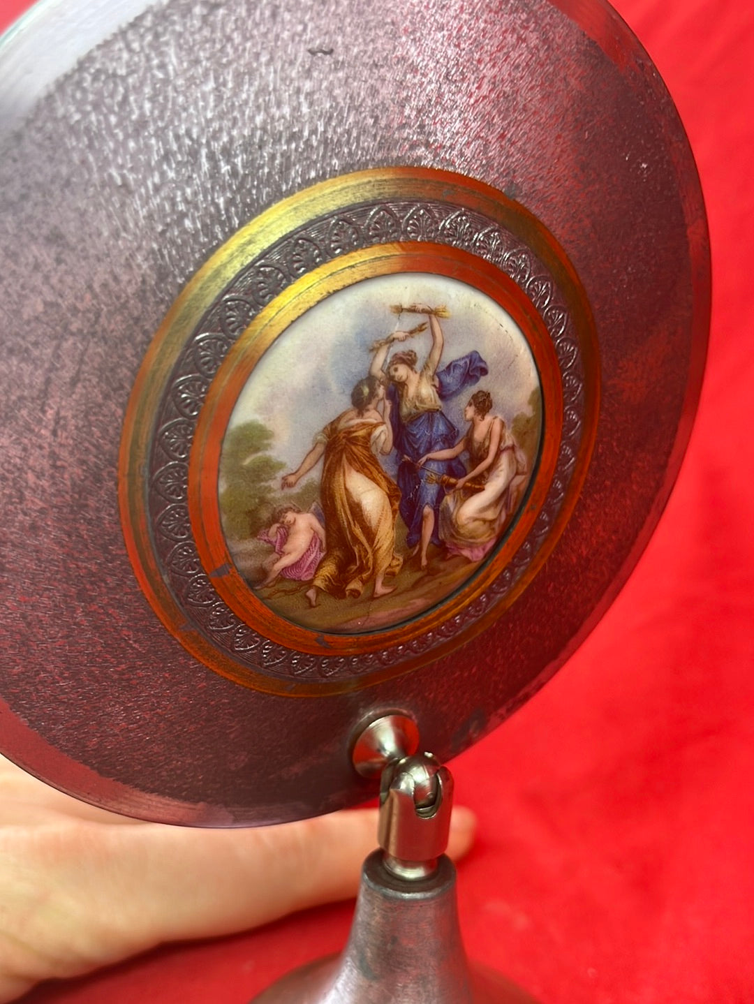 ANTIQUE -- Purple Vanity Mirror with Three Dancing Nymphs and Reclining Cupid