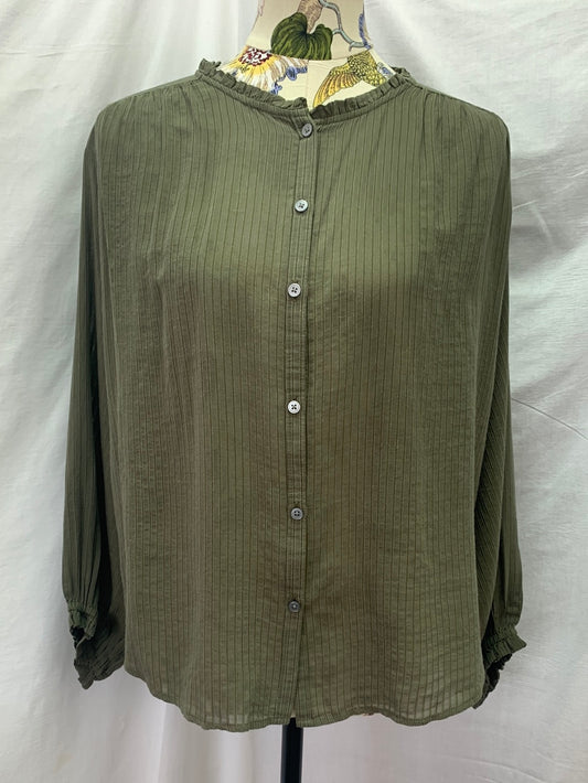 NWT - LOFT olive green Sheer Puff Sleeve Button Up Blouse - Medium