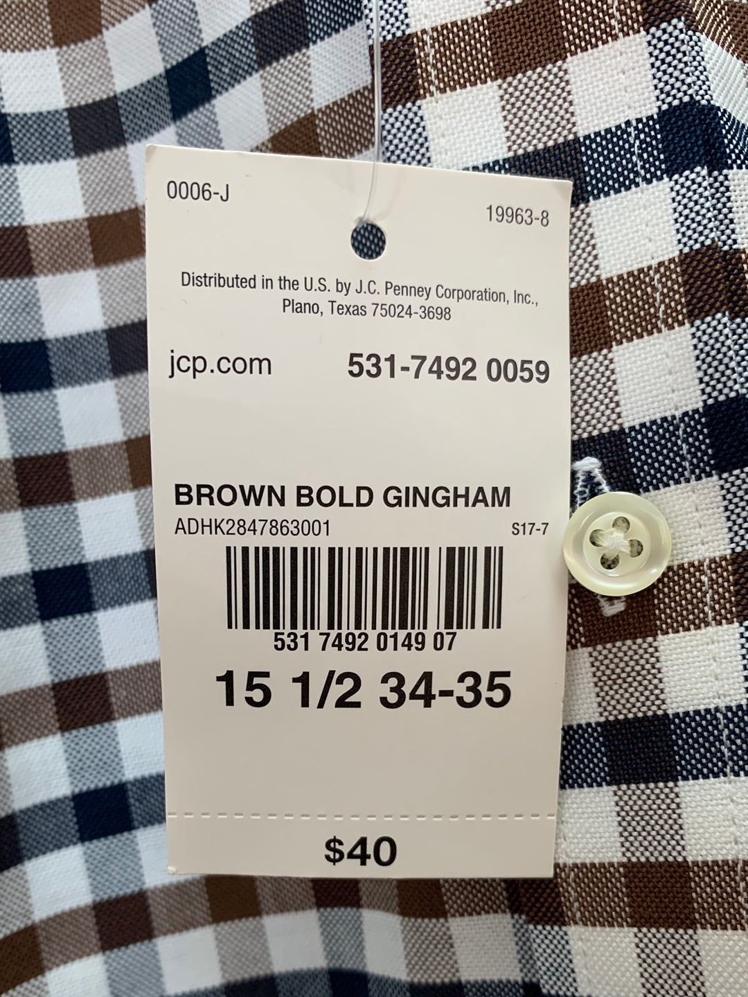 NWT - STAFFORD brown Checkered Wrinkle-Free Oxford Shirt - 15.5 34-35