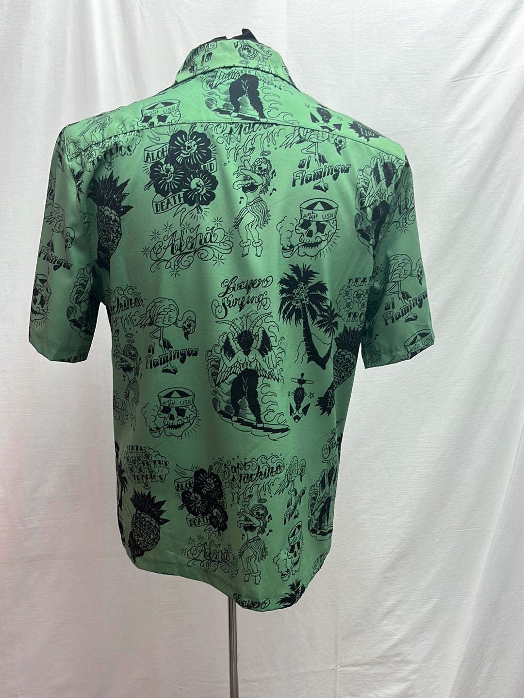 RARE -- RFAUSTNIY green print Death-themed Hawaiian Shirt -- M