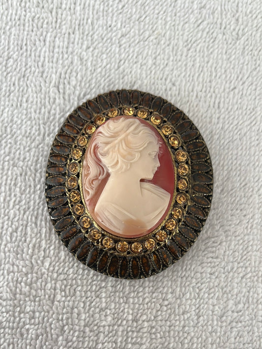 VTG -- Handmade Unmarked Brass Carnelian Cameo Belt Buckle with Amber Inlays