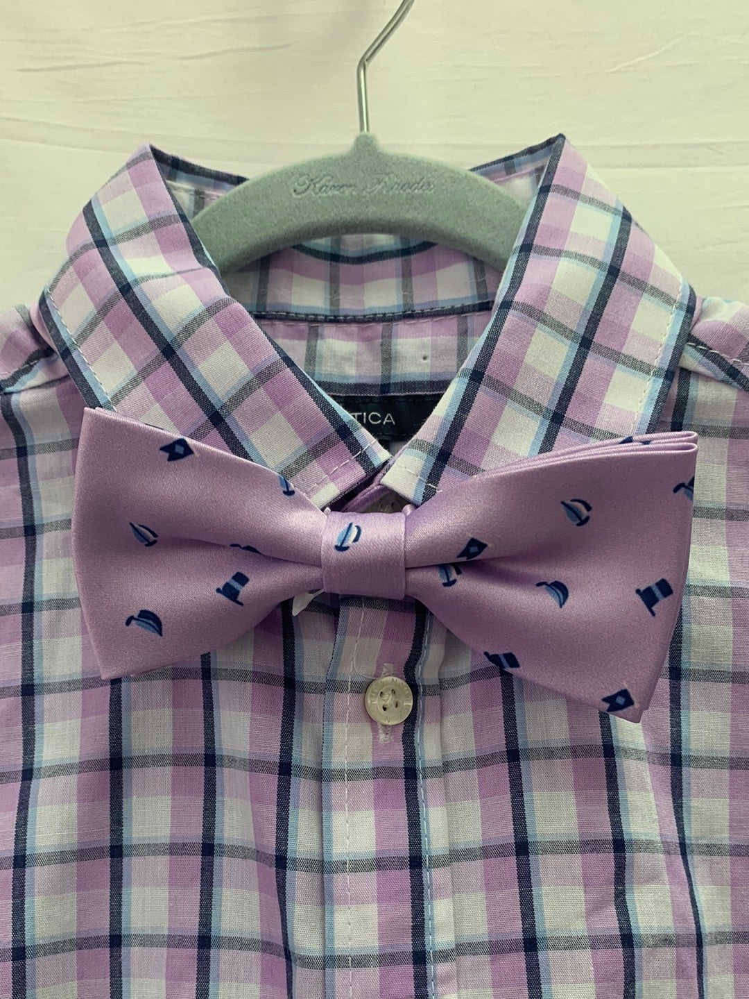 NWT - NAUTICA purple plaid Dress Shirt with Bowtie - Youth 10