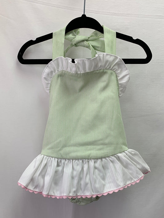 NWT - SWEET DREAMS green stripe Ruched Ruffle Infant Swimsuit - 6-9M