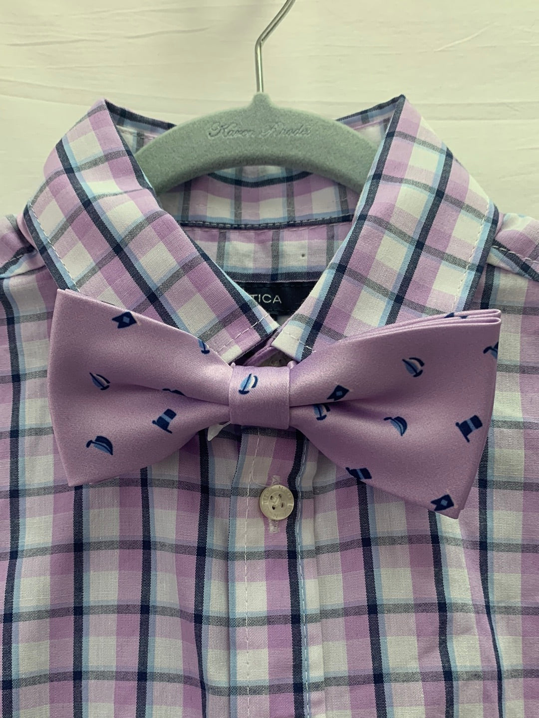 NWT - NAUTICA purple plaid Dress Shirt with Bowtie - Youth 10