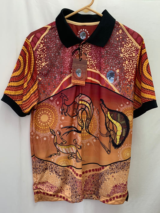 NWT - GUMARAA ABORIGINAL orange print Totem Indigenous Polo Shirt - S