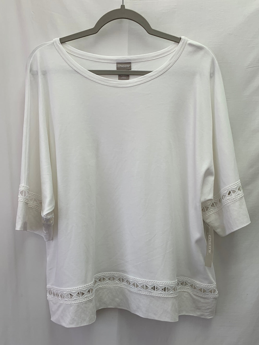 NWT - CHICO'S alabaster white Lace Trim 1/2 Sleeve Knit Top - 3 (XL 16/18)