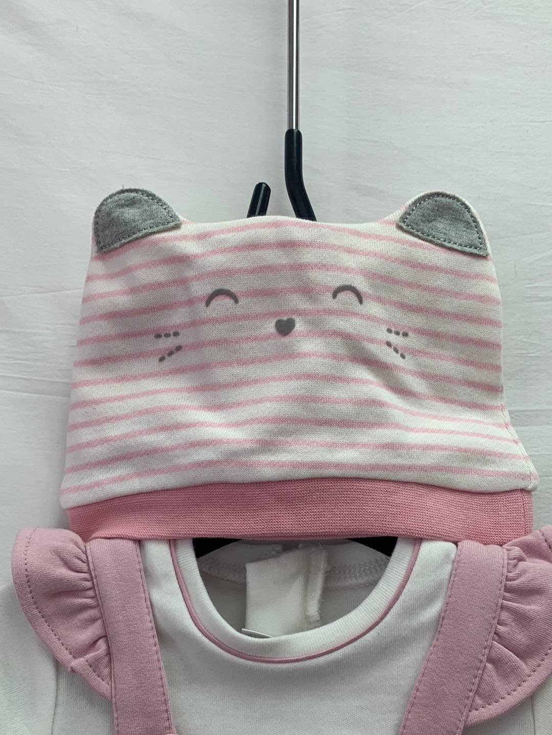 NWT - MAYORAL pink white cat print One Piece Long Sleeve Romper & Hat - 2-4 mo