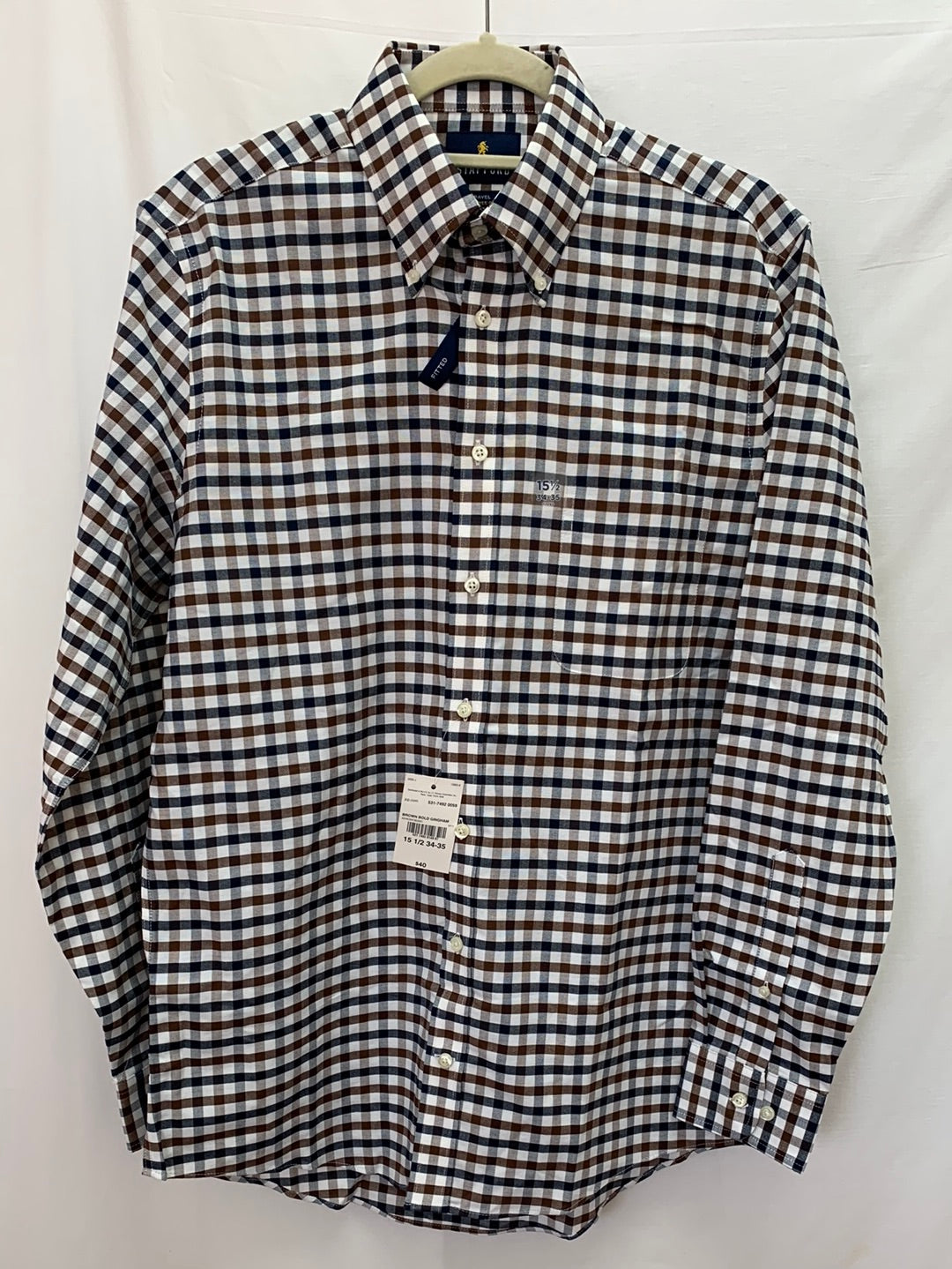 NWT - STAFFORD brown Checkered Wrinkle-Free Oxford Shirt - 15.5 34-35