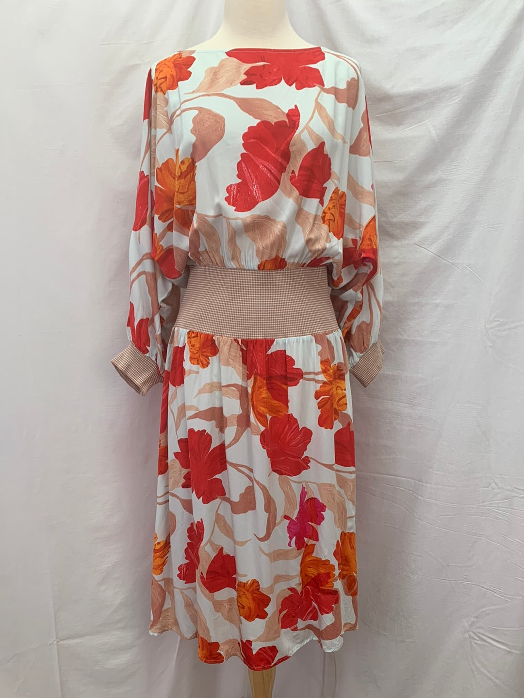 MAEVE ANTHROPOLOGIE red floral 3/4 Sleeve Midi Gemma Dress - Size S
