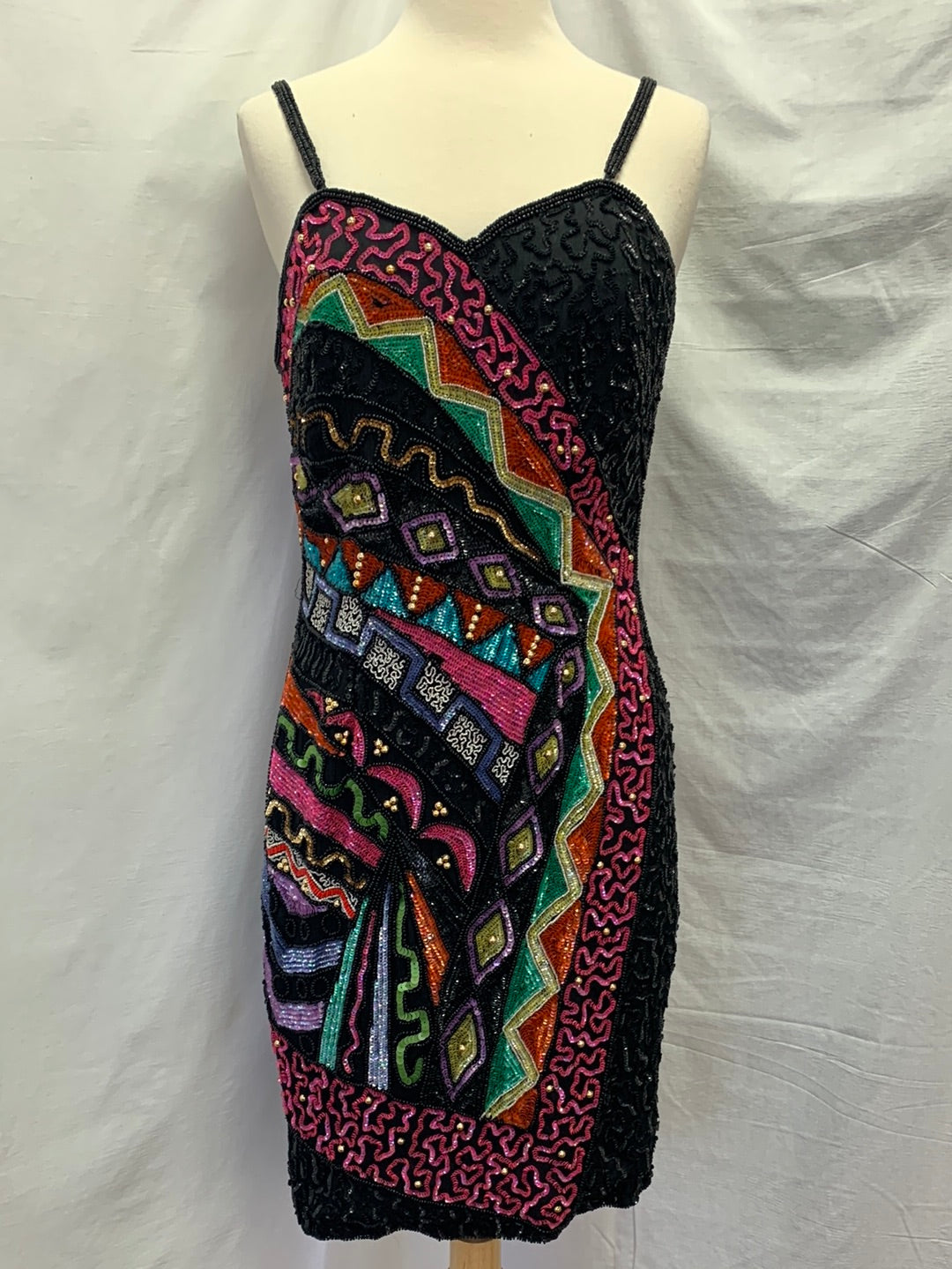 NWD - TOGETHER! black multi-color Sequin Bead 80s SILK Bodycon Dress - 8